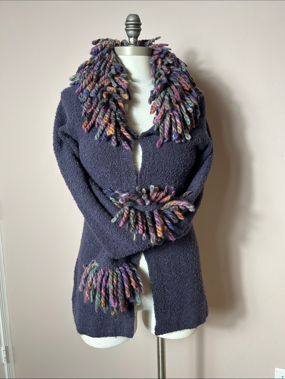 Free People vintage wool blend fringe cardigan in a plum color size M soft warm